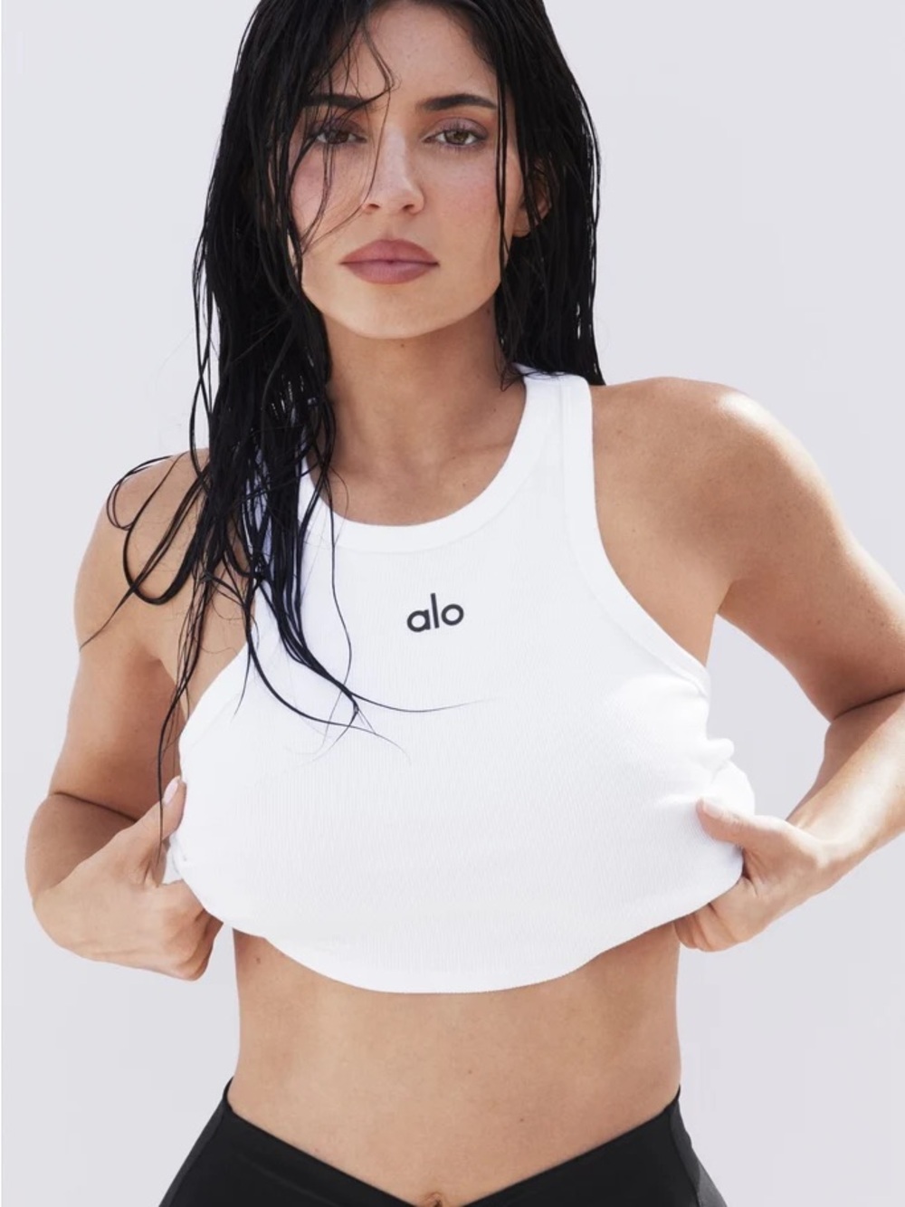 ALO Yoga White Ribbed Cropped Tank with Black Logo Centered